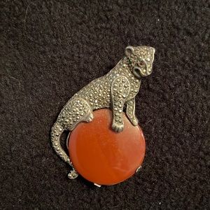 Sterling silver marcasite panther with brown stone brooch